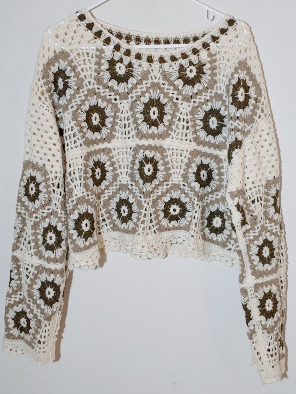 Unbranded Granny Square Long Sleeve Drop Shoulder Crochet Sweater In Cream  Sz L